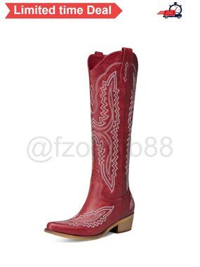 Faux Leather Knee High Cowboy Boots Pointed Toe Block Heel Wide Calf